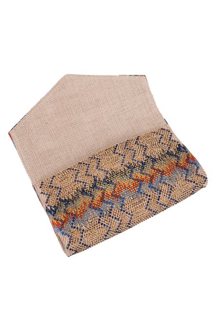 Etcetera_Beige Crystals, Embroidery Jute Thread Clutch _at_Aza_Fashions