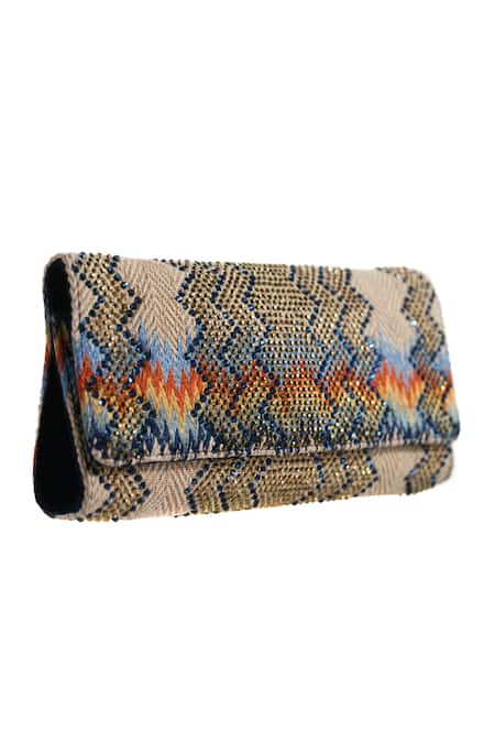 ETCETERA Beige Embroidery, Crystals Embellished Jute Clutch 