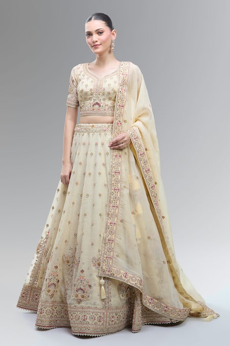 Samyukta Singhania Cream Tissue Beads, Sequins, Zari, Pearls, Classic Embroidered Lehenga Set 