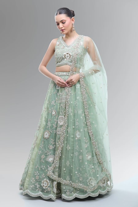 Samyukta Singhania Green Tissue, Net Embroidery, Beads, Sequins, Zari, Stones, Pearls Lehenga Set 