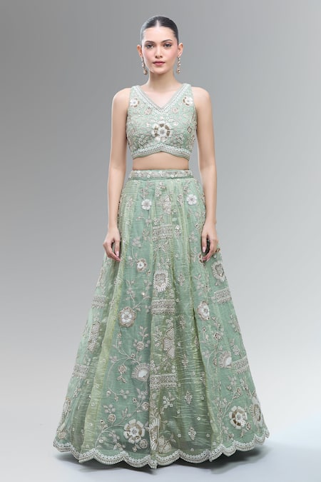 Samyukta Singhania_Green Tissue, Net Embroidery, Beads, Sequins, Zari, Stones, Pearls Lehenga Set_Online_at_Aza_Fashions