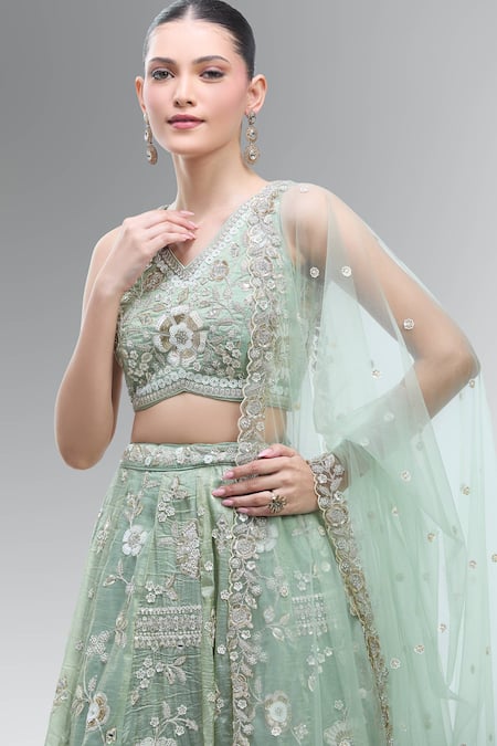 Shop_Samyukta Singhania_Green Tissue, Net Embroidery, Beads, Sequins, Zari, Stones, Pearls Lehenga Set_Online_at_Aza_Fashions