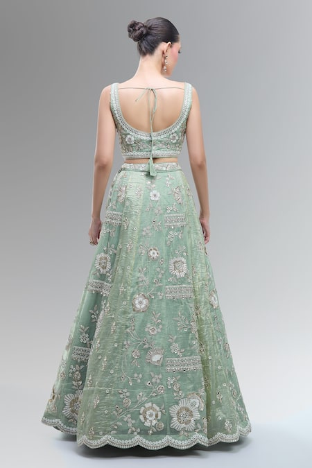 Shop_Samyukta Singhania_Green Tissue, Net Embroidery, Beads, Sequins, Zari, Stones, Pearls Lehenga Set_at_Aza_Fashions