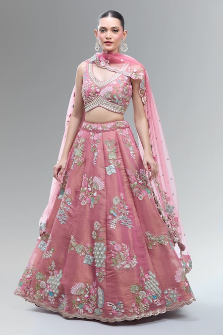 Samyukta Singhania Pink Net Beads, Sequins, Zari, Embroidery, Stones V-neck Lehenga Set 