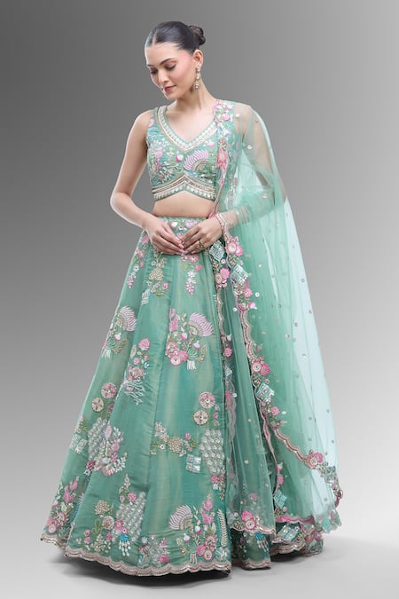 Samyukta Singhania Green Net Beads, Sequins, Zari, Stones Sea Embroidered Classic Lehenga Set 