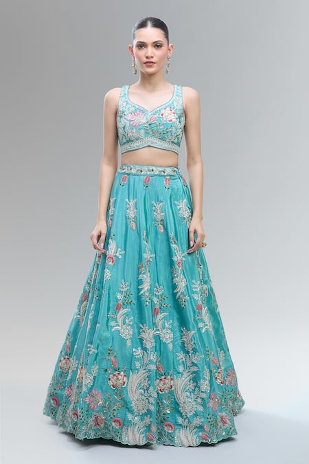 Samyukta Singhania Turquoise Satin, Net Beads, Sequins, Zari, Pearls, Stones, Blue Lehenga Set Online at Aza Fashions Samyukta Singhania_Turquoise Satin, Net Beads, Sequins, Zari, Pearls, Stones, Blue Lehenga Set _Online_at_Aza_Fashions