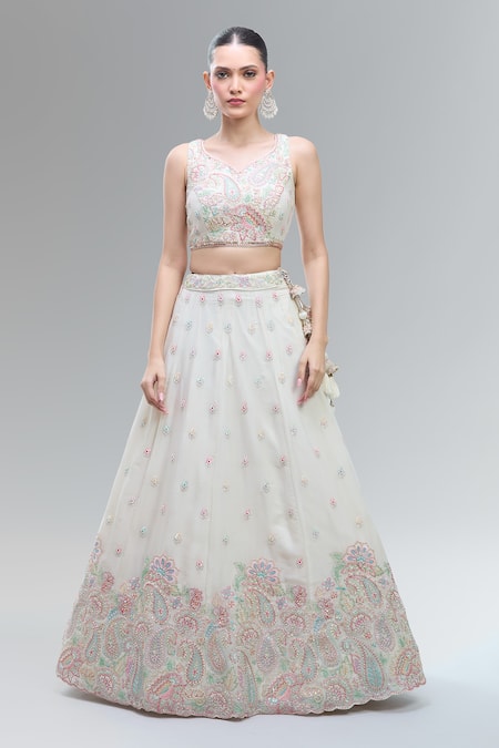 Samyukta Singhania_Cream Polyester, Georgette Embroidery, Beads, Sequins, Classic Lehenga Set_Online_at_Aza_Fashions
