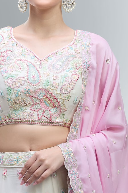 Buy_Samyukta Singhania_Cream Polyester, Georgette Embroidery, Beads, Sequins, Classic Lehenga Set_Online_at_Aza_Fashions