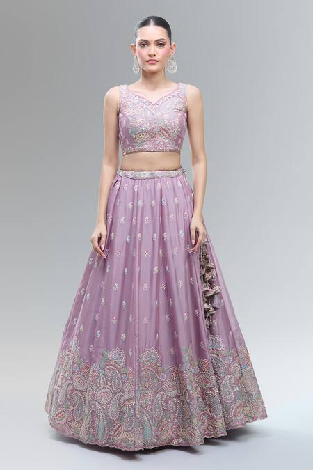 Buy_Samyukta Singhania_Lavender Polyester, Georgette Embroidery, Beads, Sequins, Classic Lehenga Set_Online_at_Aza_Fashions