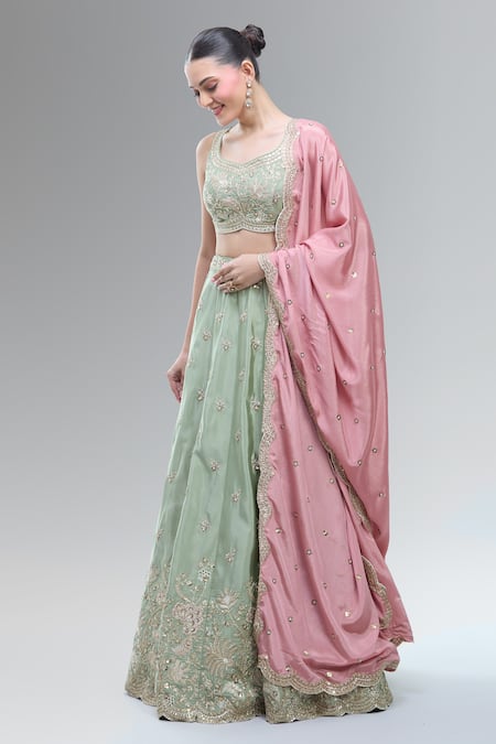 Samyukta Singhania_Green Satin, Polyester, Chiffon Beads, Sequins, Embroidered Classic Lehenga Set _Online_at_Aza_Fashions