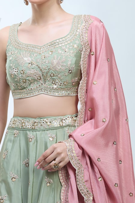 Buy_Samyukta Singhania_Green Satin, Polyester, Chiffon Beads, Sequins, Embroidered Classic Lehenga Set _Online_at_Aza_Fashions