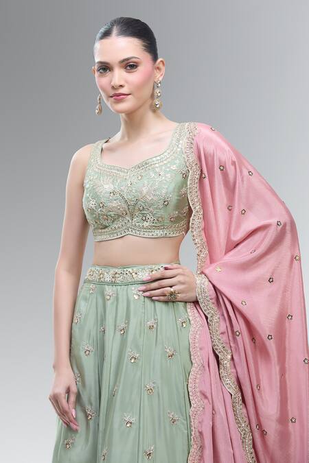 Samyukta Singhania_Green Satin, Polyester, Chiffon Beads, Sequins, Embroidered Classic Lehenga Set _at_Aza_Fashions