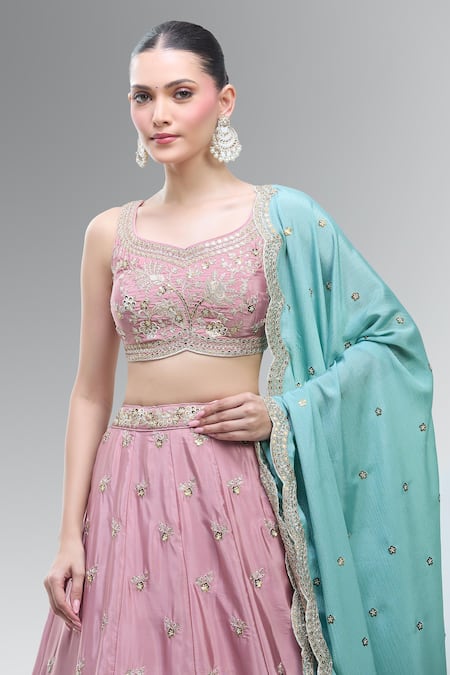 Samyukta Singhania_Pink Satin, Polyester, Chiffon Embroidery, Sequins, Zari, Beads, Lehenga Set _Online_at_Aza_Fashions