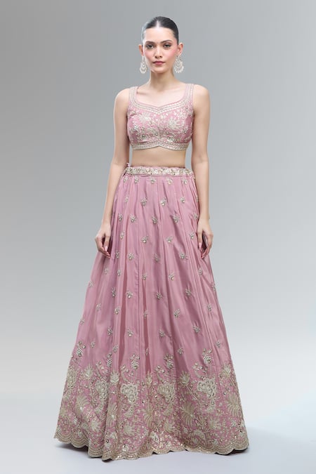 Buy_Samyukta Singhania_Pink Satin, Polyester, Chiffon Embroidery, Sequins, Zari, Beads, Lehenga Set _Online_at_Aza_Fashions