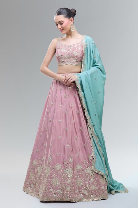 Samyukta Singhania Pink Embroidered Satin Lehenga Set 