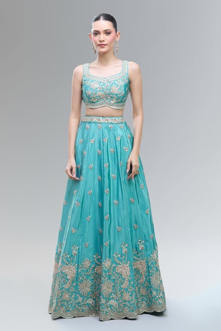 Samyukta Singhania_Turquoise Satin, Polyester Beads, Sequins, Zari, Blue Embroidered Lehenga Set _Online_at_Aza_Fashions