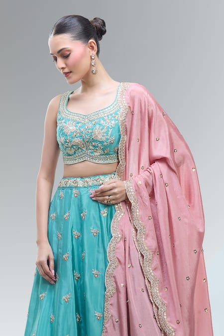 Buy_Samyukta Singhania_Turquoise Satin, Polyester Beads, Sequins, Zari, Blue Embroidered Lehenga Set _Online_at_Aza_Fashions