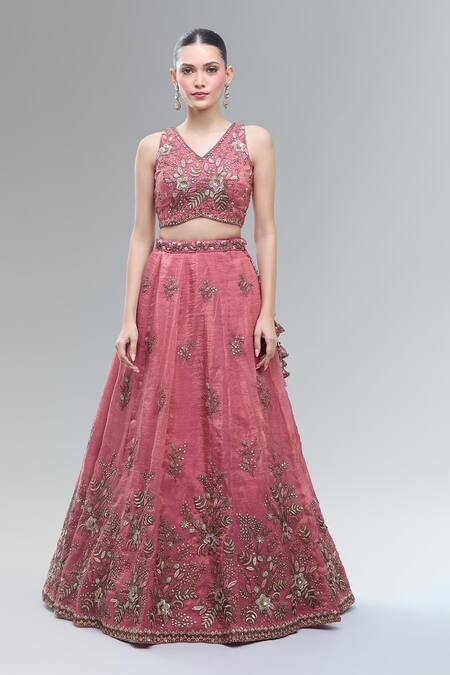Samyukta Singhania Pink Tissue, Net Beads, Sequins, Stones, Embroidery V-neck Classic Lehenga Set Online at Aza Fashions Samyukta Singhania_Pink Tissue, Net Beads, Sequins, Stones, Embroidery V-neck Classic Lehenga Set _Online_at_Aza_Fashions