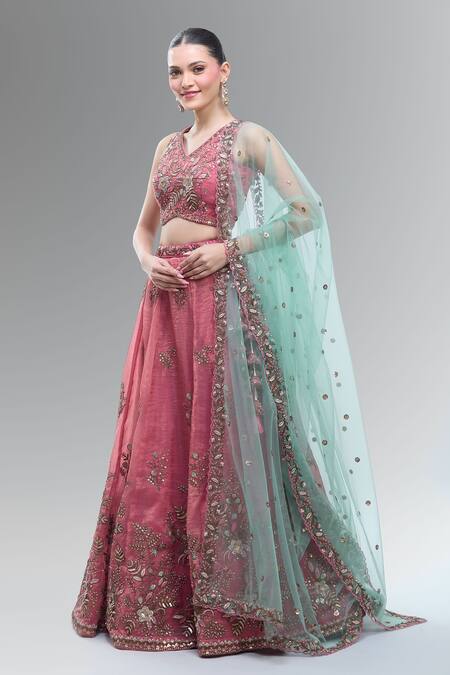 Buy Samyukta Singhania Pink Tissue, Net Beads, Sequins, Stones, Embroidery V-neck Classic Lehenga Set Online at Aza Fashions Buy_Samyukta Singhania_Pink Tissue, Net Beads, Sequins, Stones, Embroidery V-neck Classic Lehenga Set _Online_at_Aza_Fashions