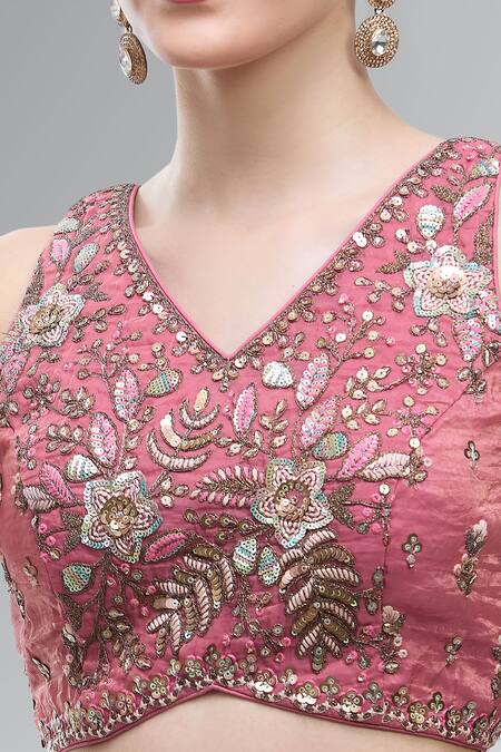 Shop Samyukta Singhania Pink Tissue, Net Beads, Sequins, Stones, Embroidery V-neck Classic Lehenga Set Online at Aza Fashions Shop_Samyukta Singhania_Pink Tissue, Net Beads, Sequins, Stones, Embroidery V-neck Classic Lehenga Set _Online_at_Aza_Fashions
