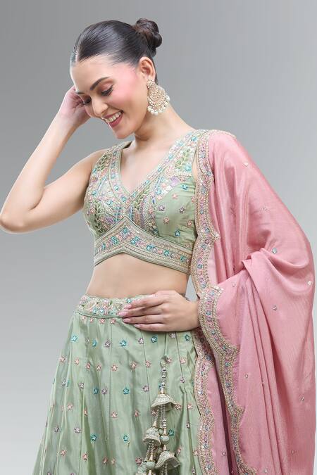 Samyukta Singhania_Green Satin, Polyester, Chiffon Beads, Sequins, Zari, Embroidered Lehenga Set_Online_at_Aza_Fashions