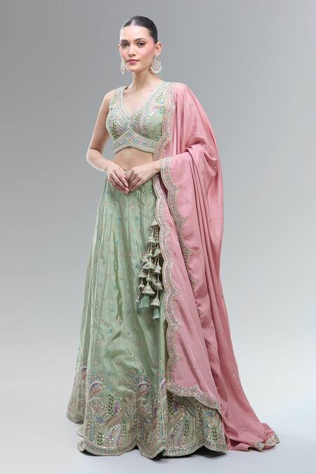 Shop_Samyukta Singhania_Green Satin, Polyester, Chiffon Beads, Sequins, Zari, Embroidered Lehenga Set_Online_at_Aza_Fashions