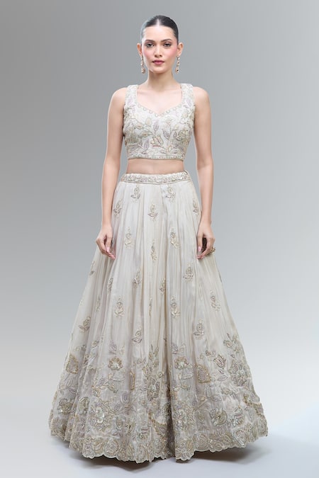 Samyukta Singhania_Cream Tissue, Viscose, Rayon Beads, Sequins, Zari, Embroidered Lehenga Set _Online_at_Aza_Fashions