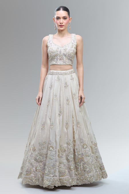 Buy_Samyukta Singhania_Cream Tissue, Viscose, Rayon Beads, Classic Lehenga Set With Orange Dupatta _Online_at_Aza_Fashions