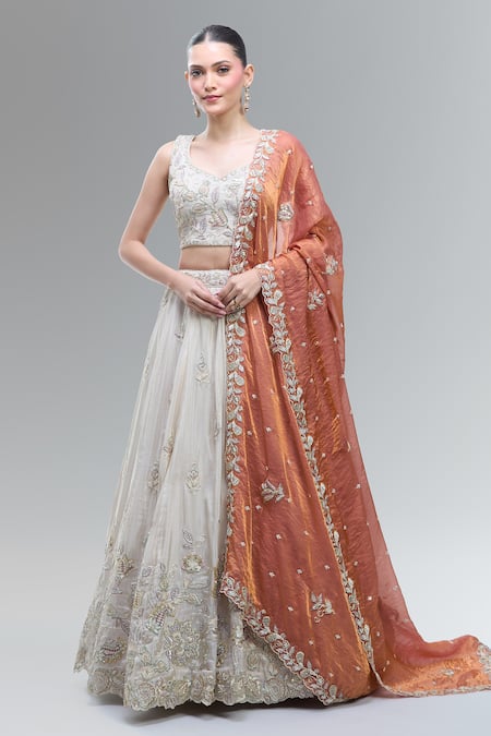 Samyukta Singhania Classic Cream Lehenga Set With Orange Dupatta 