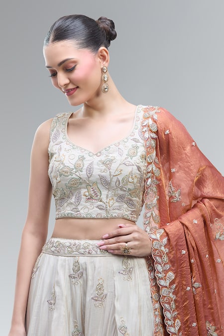 Shop_Samyukta Singhania_Cream Tissue, Viscose, Rayon Beads, Classic Lehenga Set With Orange Dupatta _Online_at_Aza_Fashions
