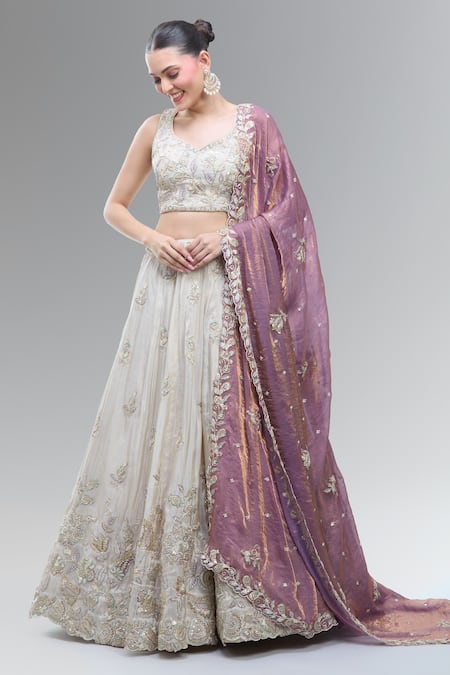 Samyukta Singhania Classic Cream Lehenga Set with Purple Dupatta 