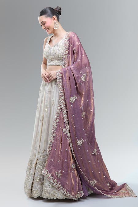 Shop_Samyukta Singhania_Cream Tissue, Viscose, Rayon Classic Lehenga Set With Purple Dupatta _Online_at_Aza_Fashions