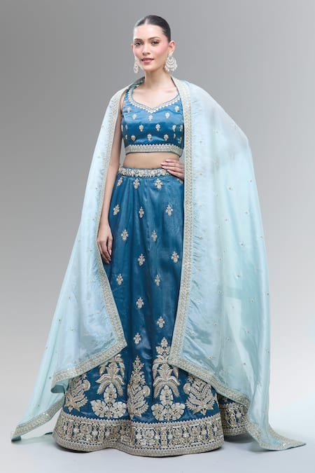 Samyukta Singhania Blue Tissue Beads, Sequins, Zari, Pearls, Stones Classic Lehenga Set Online at Aza Fashions Samyukta Singhania_Blue Tissue Beads, Sequins, Zari, Pearls, Stones Classic Lehenga Set _Online_at_Aza_Fashions