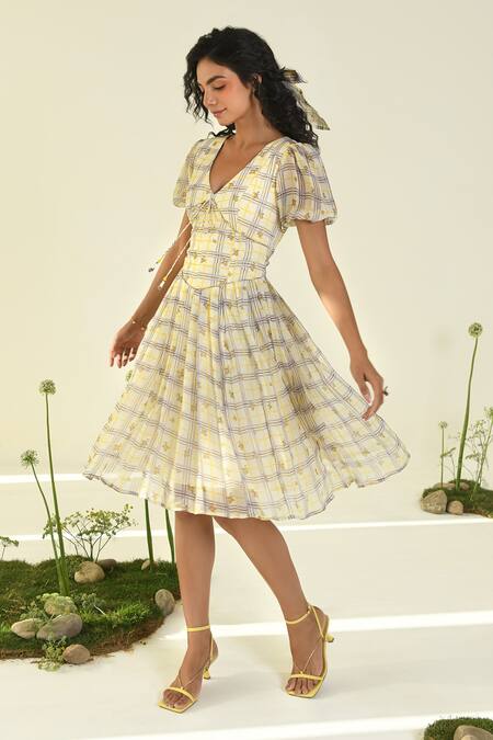 Baise Gaba Beige Chiffon V-neck Cloudwalk Fit And Flare Dress Online at Aza Fashions Baise Gaba_Beige Chiffon V-neck Cloudwalk Fit And Flare Dress _Online_at_Aza_Fashions