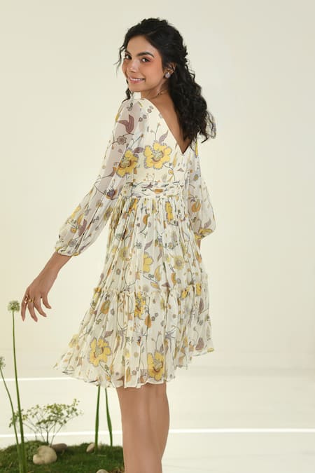 Shop_Baise Gaba_Beige Chiffon V-neck Floral Print Fit And Flare Dress _at_Aza_Fashions