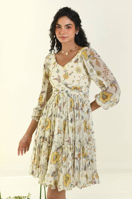 Baise Gaba_Beige Chiffon V-neck Floral Print Fit And Flare Dress _Online_at_Aza_Fashions