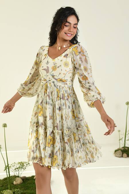 Buy_Baise Gaba_Beige Chiffon V-neck Floral Print Fit And Flare Dress _Online_at_Aza_Fashions