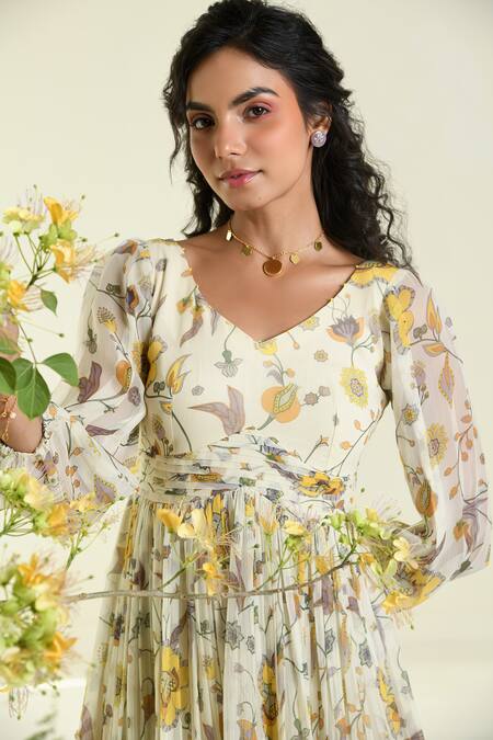 Shop_Baise Gaba_Beige Chiffon V-neck Floral Print Fit And Flare Dress _Online_at_Aza_Fashions