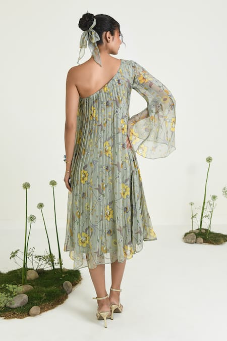 Shop Baise Gaba Green Chiffon One Shoulder Floral Midi Dress at Aza Fashions Shop_Baise Gaba_Green Chiffon One Shoulder Floral Midi Dress _at_Aza_Fashions
