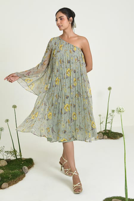 Baise Gaba Green Chiffon One Shoulder Floral Midi Dress Online at Aza Fashions Baise Gaba_Green Chiffon One Shoulder Floral Midi Dress _Online_at_Aza_Fashions