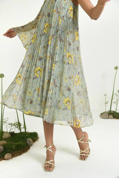 Buy Baise Gaba Green Chiffon One Shoulder Floral Midi Dress Online at Aza Fashions Buy_Baise Gaba_Green Chiffon One Shoulder Floral Midi Dress _Online_at_Aza_Fashions