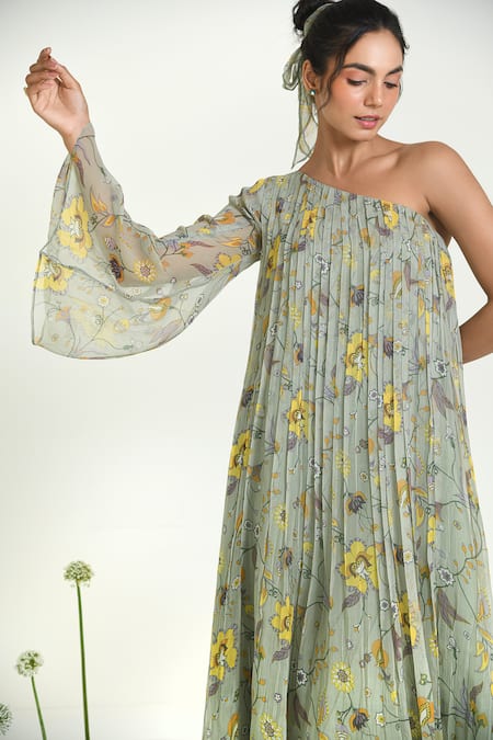 Shop Baise Gaba Green Chiffon One Shoulder Floral Midi Dress Online at Aza Fashions Shop_Baise Gaba_Green Chiffon One Shoulder Floral Midi Dress _Online_at_Aza_Fashions