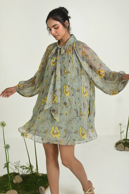 Baise Gaba_Green Chiffon, Cotton Open Neck Wildflower Dress With Slip _Online_at_Aza_Fashions