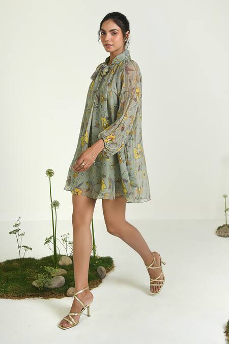 Buy_Baise Gaba_Green Chiffon, Cotton Open Neck Wildflower Dress With Slip _Online_at_Aza_Fashions