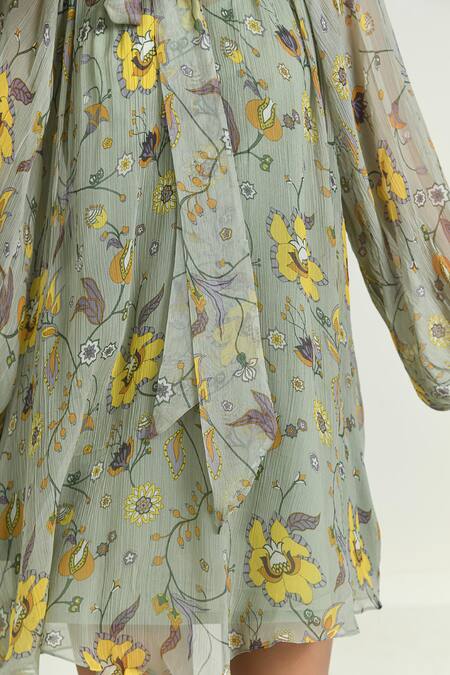 Shop_Baise Gaba_Green Chiffon, Cotton Open Neck Wildflower Dress With Slip _Online_at_Aza_Fashions