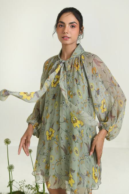 Baise Gaba_Green Chiffon, Cotton Open Neck Wildflower Dress With Slip _at_Aza_Fashions