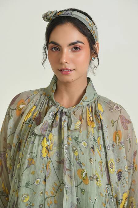 Buy_Baise Gaba_Green Chiffon, Cotton Open Neck Wildflower Dress With Slip 