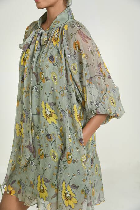 Shop_Baise Gaba_Green Chiffon, Cotton Open Neck Wildflower Dress With Slip 