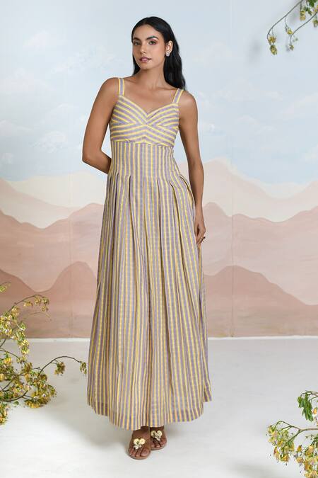 Buy_Baise Gaba_Multi Color Cotton V-neck Sunbloom Striped Maxi Dress _Online_at_Aza_Fashions