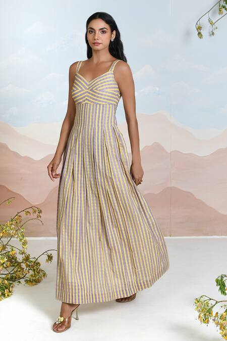 Baise Gaba_Multi Color Cotton V-neck Sunbloom Striped Maxi Dress _at_Aza_Fashions